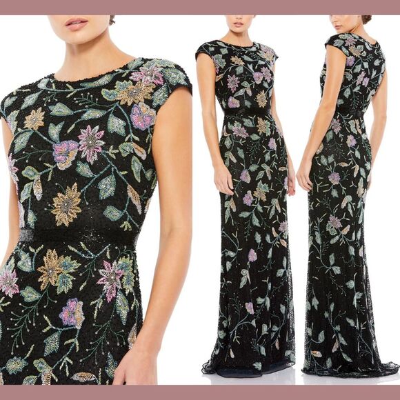 NWT‎ $598 Mac Duggal [ 4 ] 5229 Floral Beaded Cap Sleeve Evening Gown Black - Picture 1 of 14